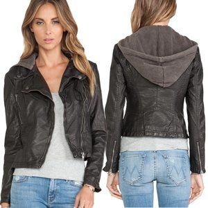 Free People Vegan Leather Distressed Hooded Jacket Size 10